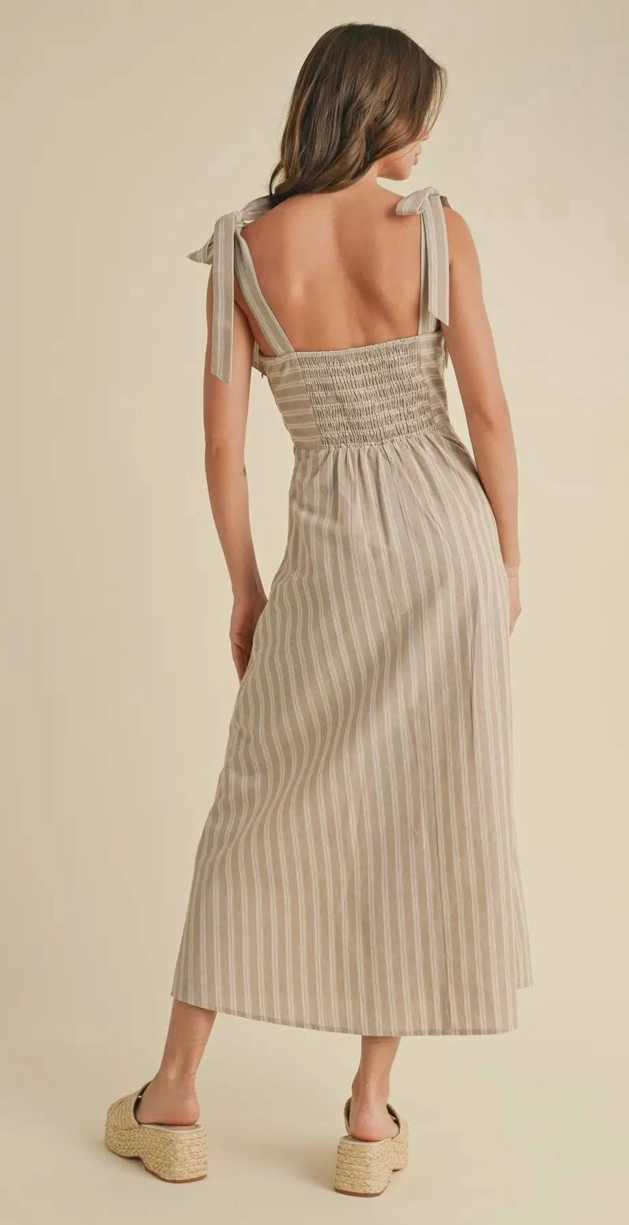 Beige Striped Midi Dress
