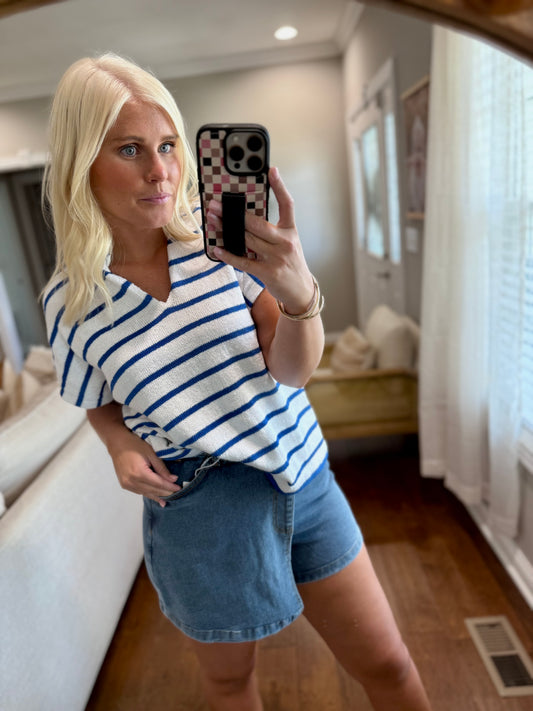 Blue Striped Collared Top