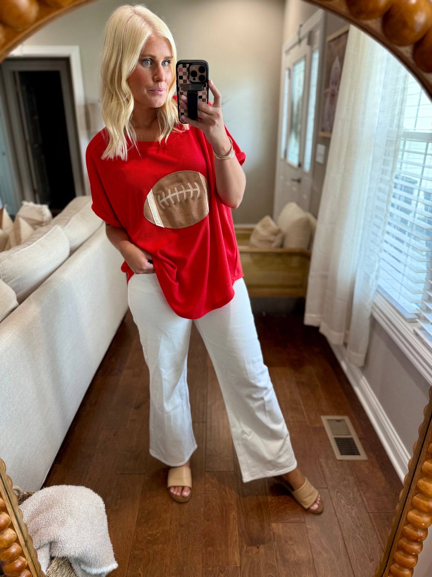 Red Football Patchwork Waffle Top