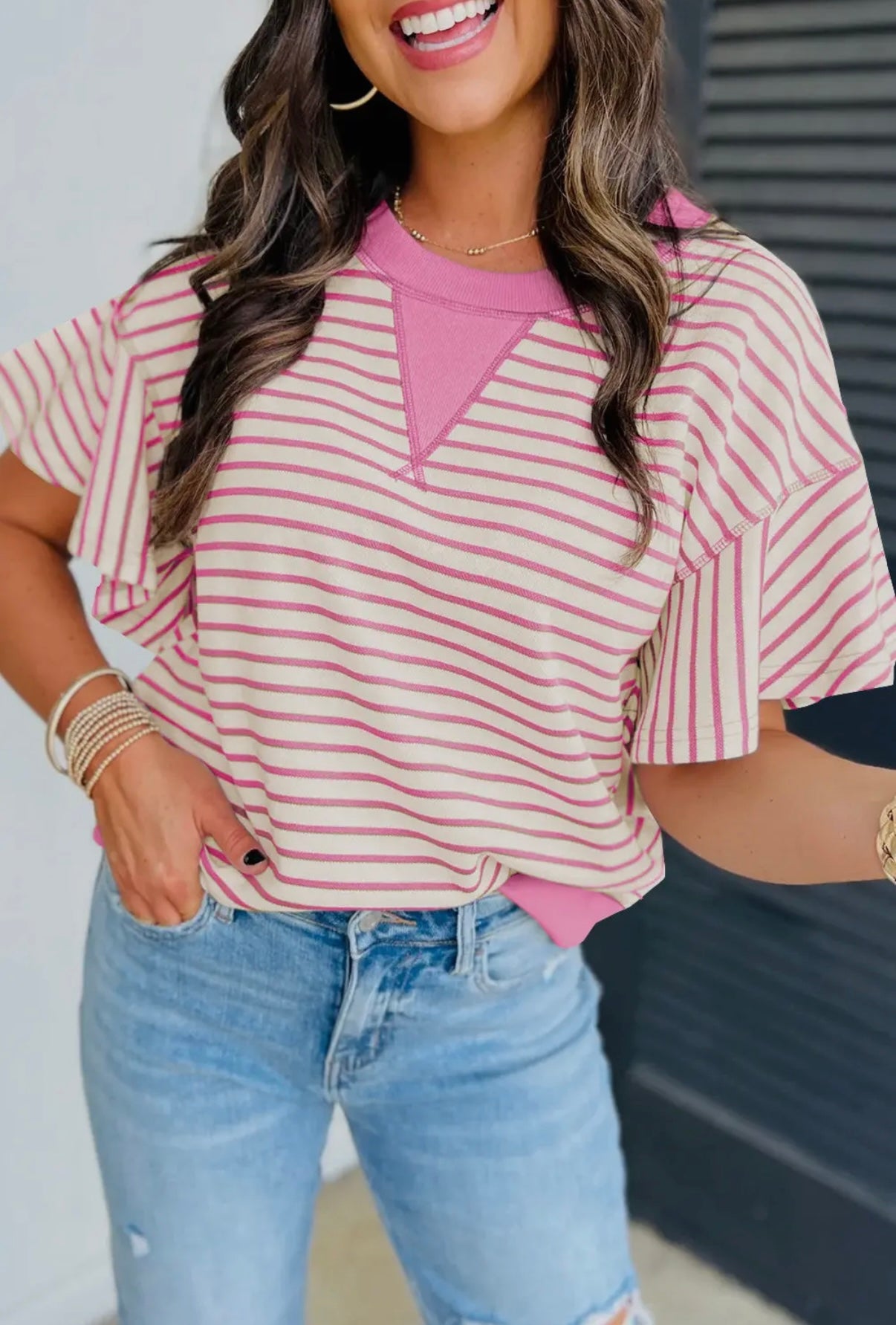Pink Stripe Ruffle Top