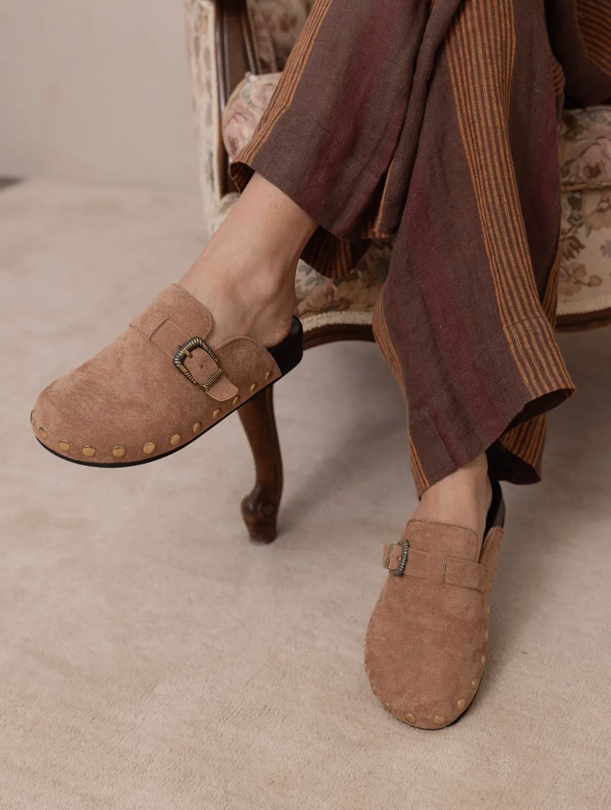 Latte Studded Buckle Clog