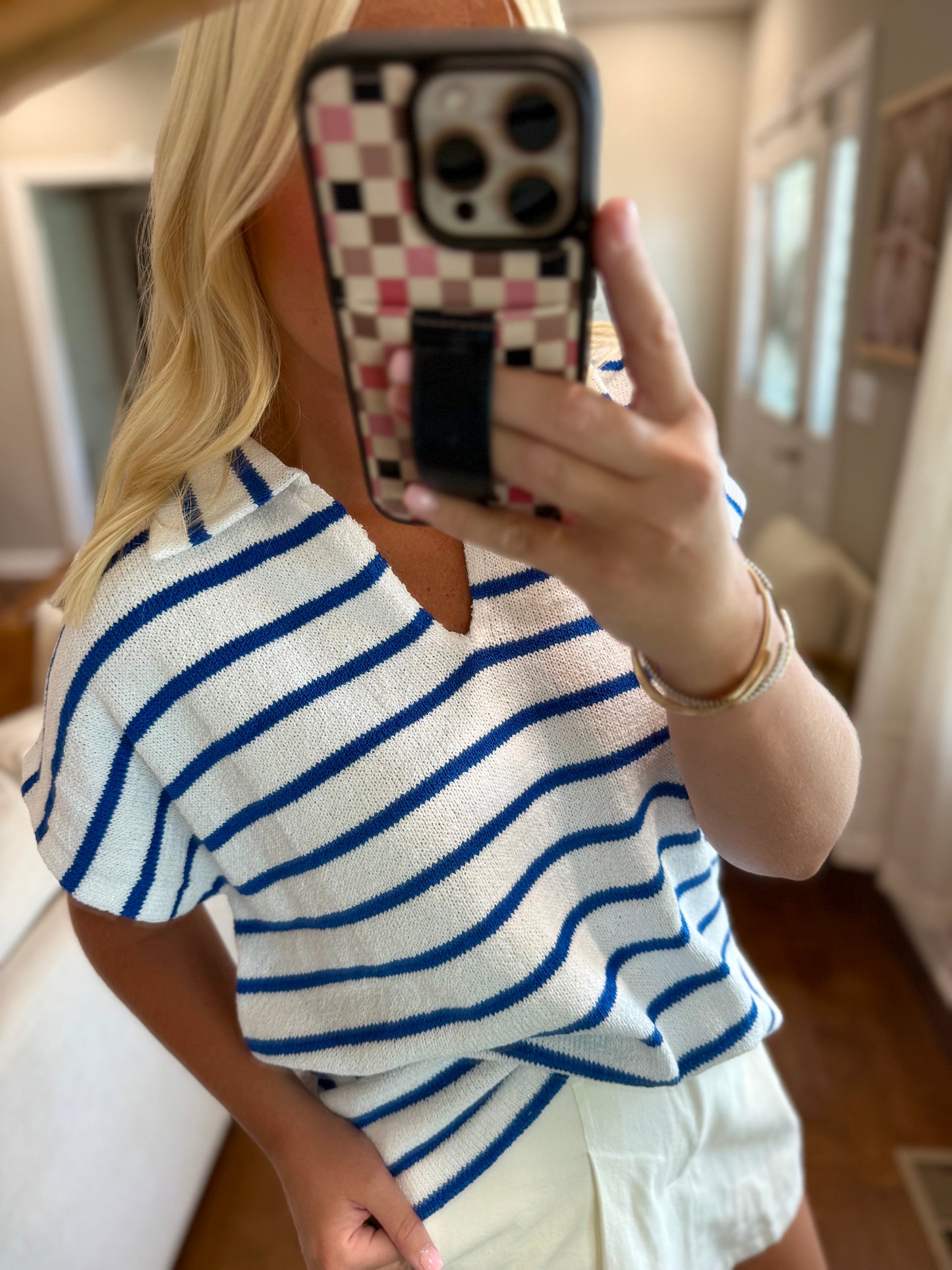 Blue Striped Collared Top