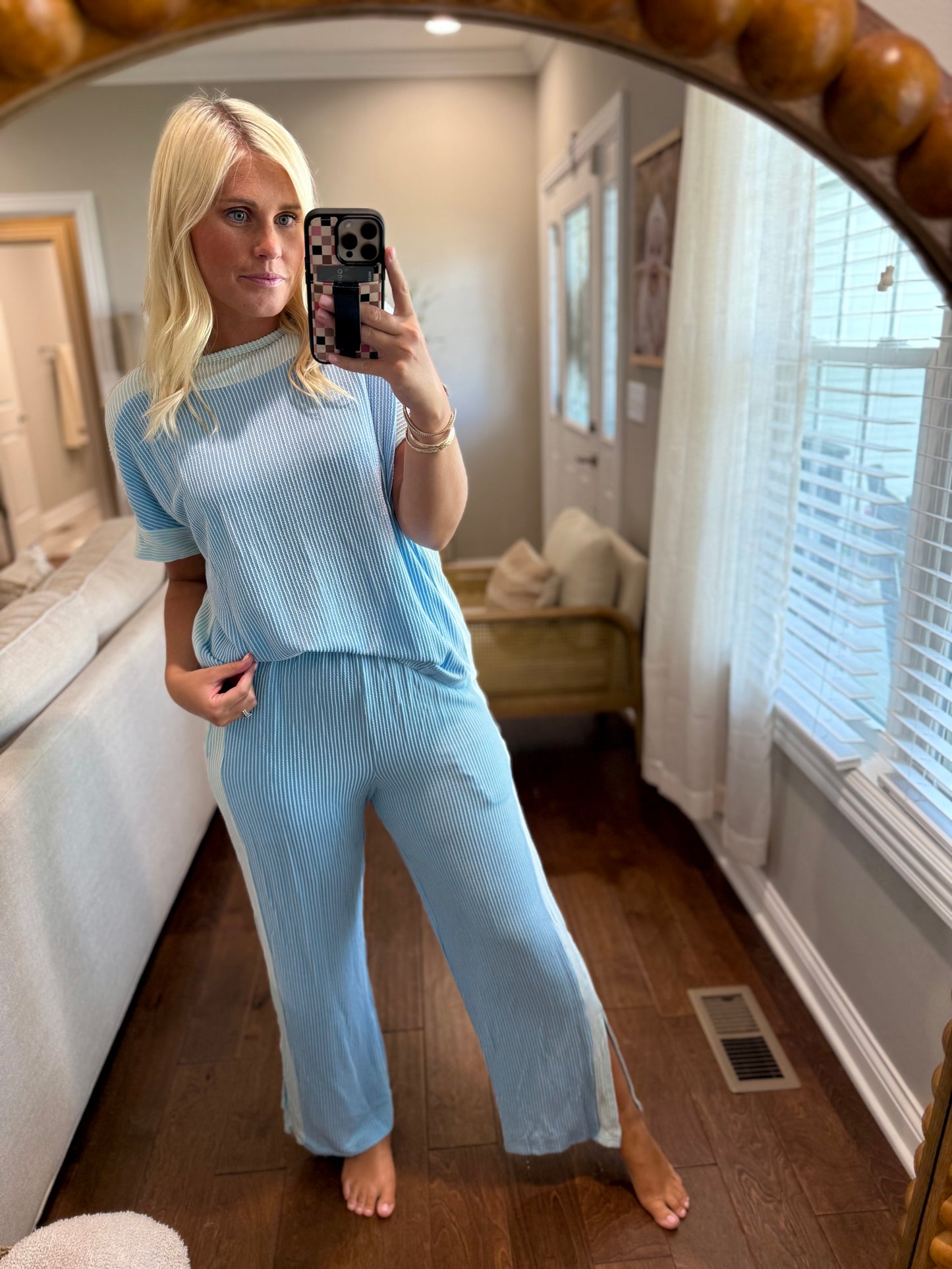 Sky Blue Colorblock Ribbed Set