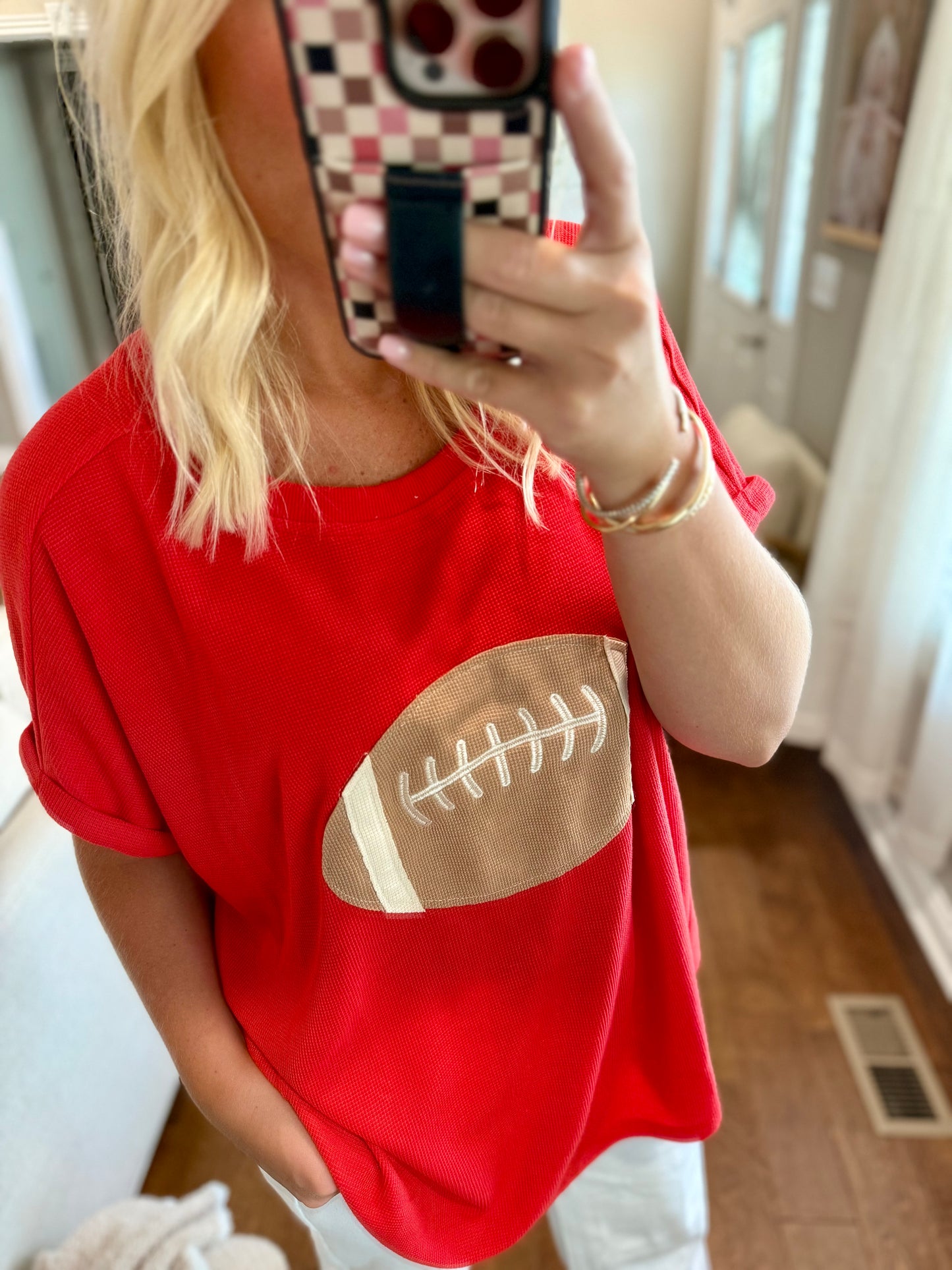 Red Football Patchwork Waffle Top