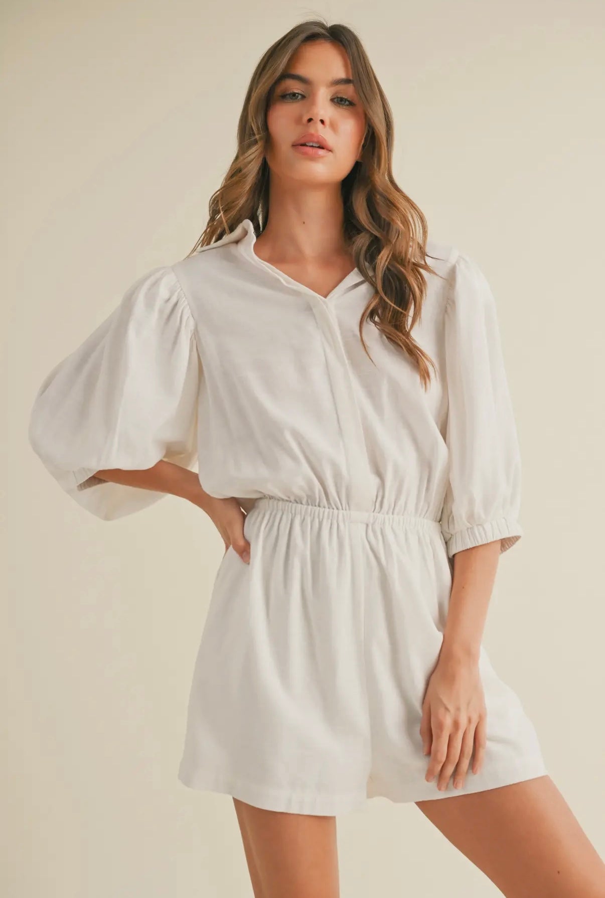 Off-White Linen Puff Sleeve Romper