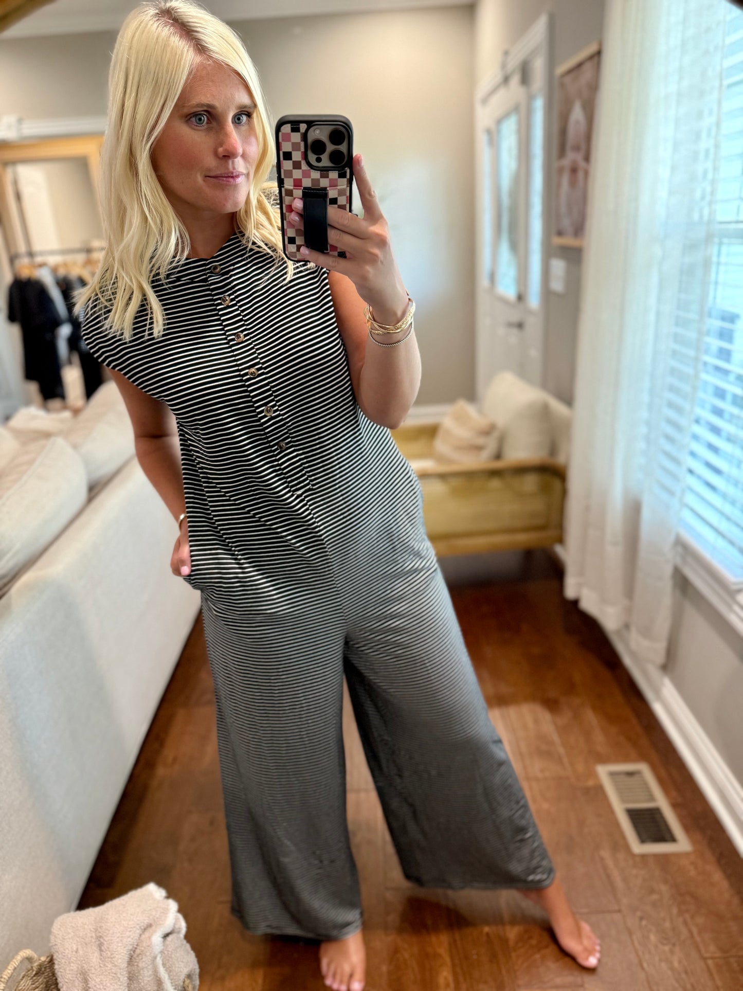 Black Striped Sleeveless Jumpsuit