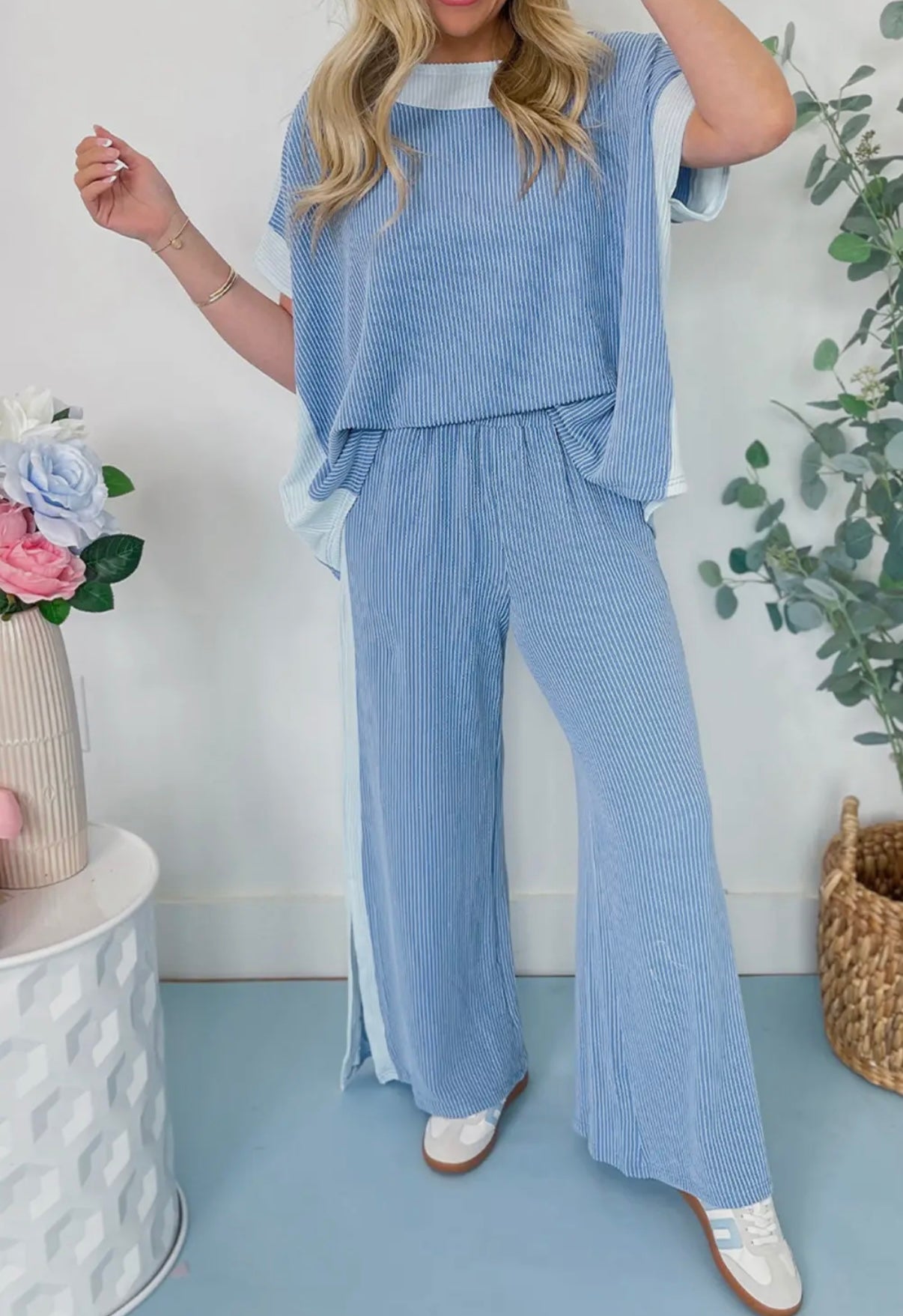 Sky Blue Colorblock Ribbed Set
