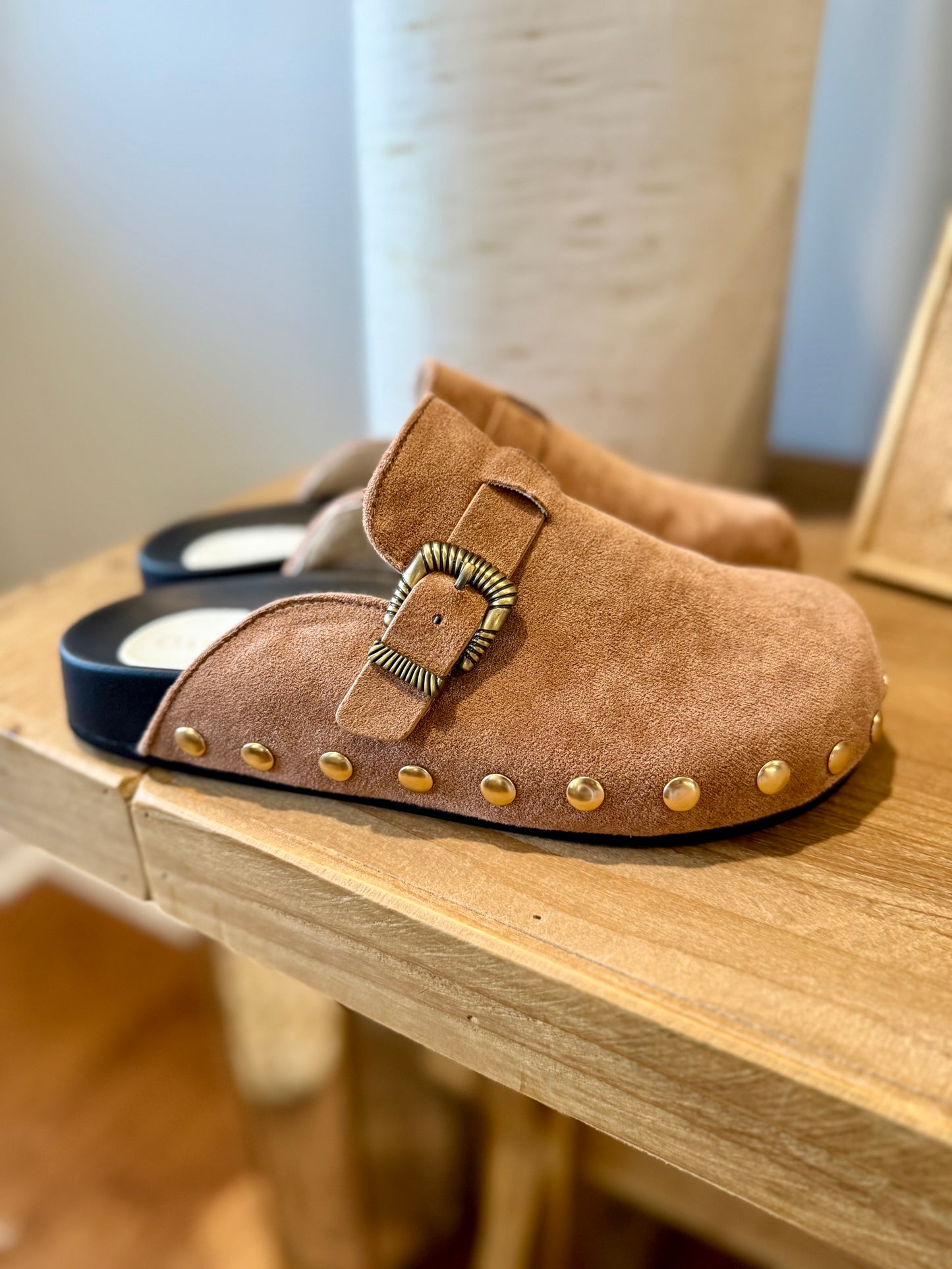 Latte Studded Buckle Clog