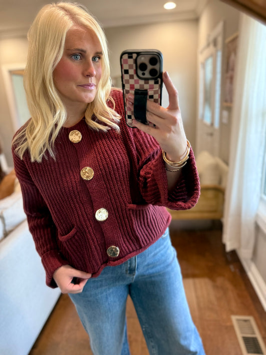 Burgundy Gold Button Sweater
