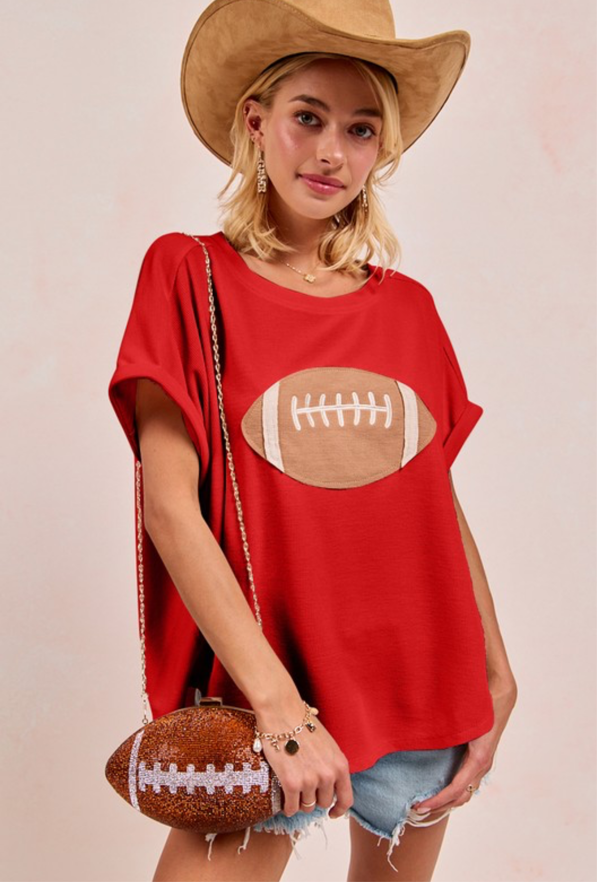 Red Football Patchwork Waffle Top