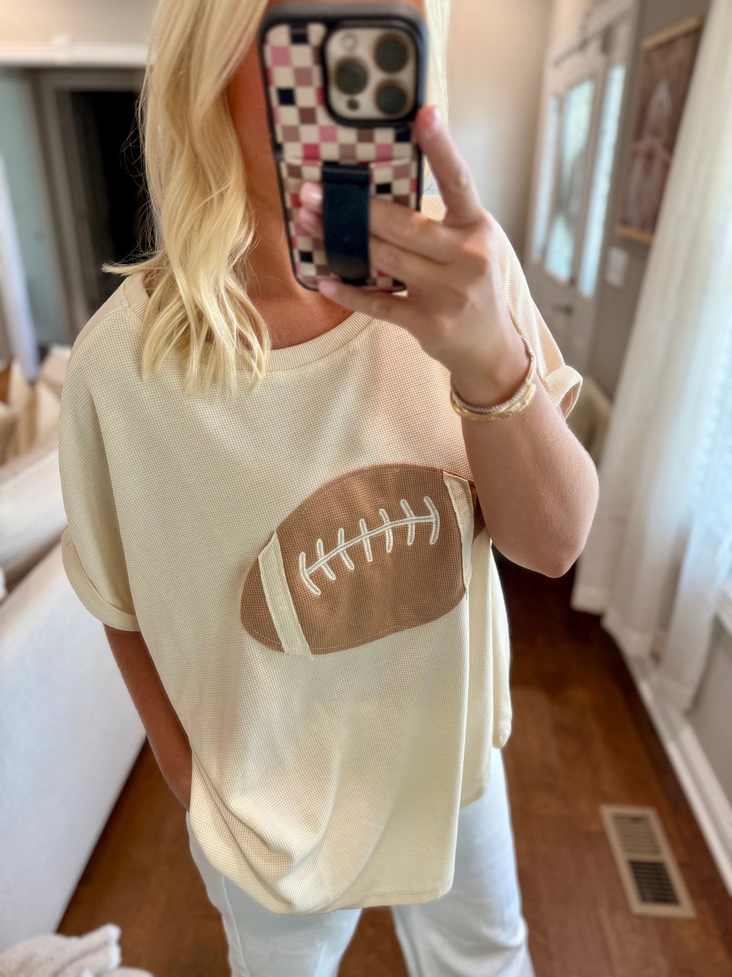 Oatmeal Football Patchwork Waffle Top