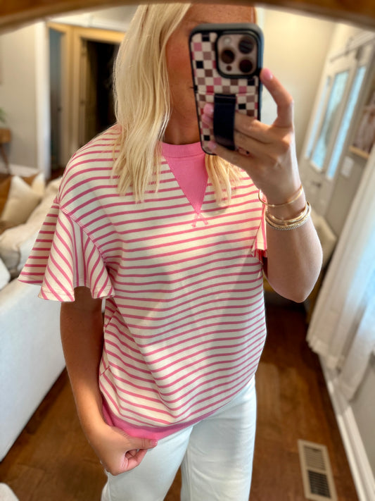 Pink Stripe Ruffle Top