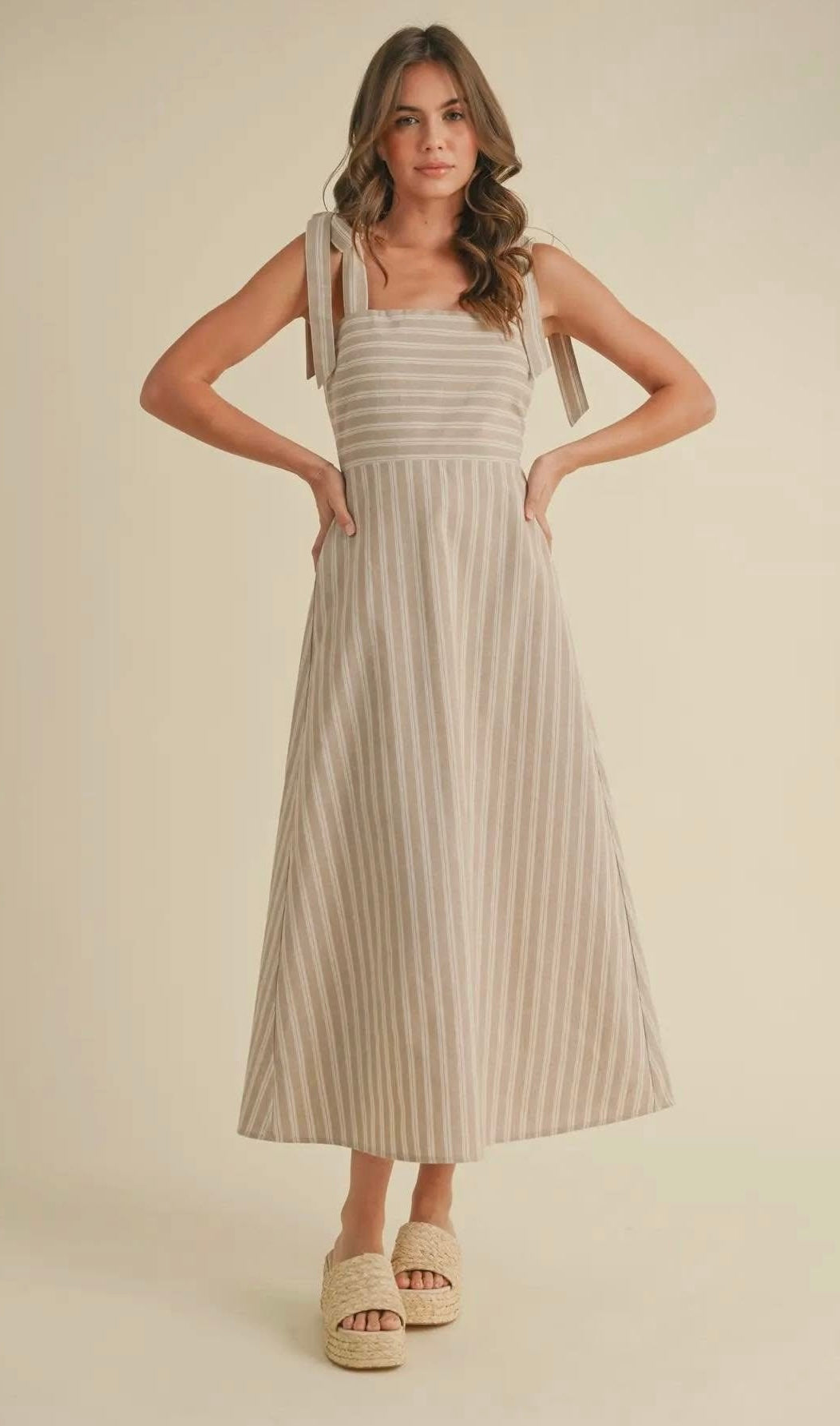 Beige Striped Midi Dress