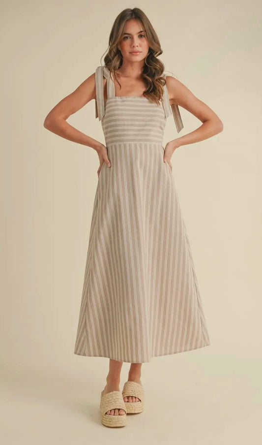 Beige Striped Midi Dress
