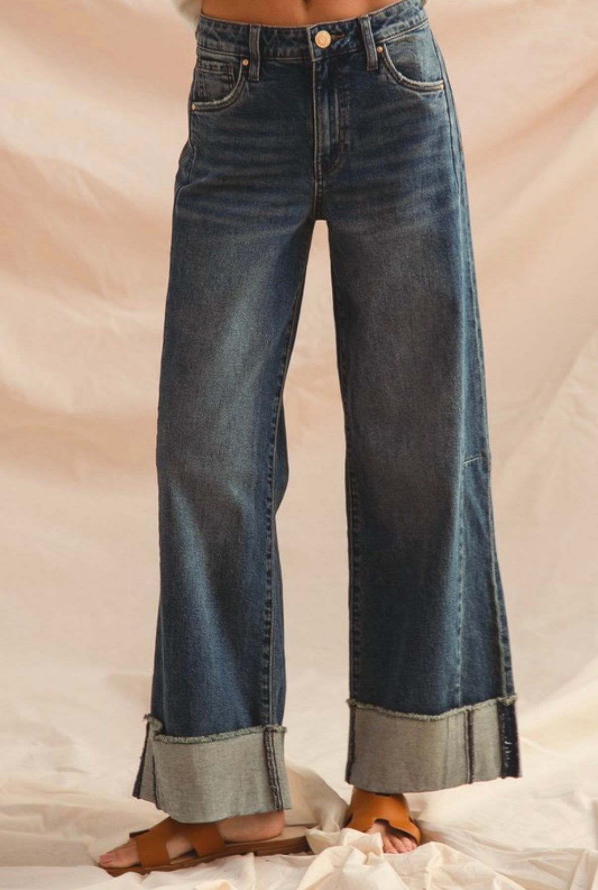 Wide Denim Frayed Rolled Hem